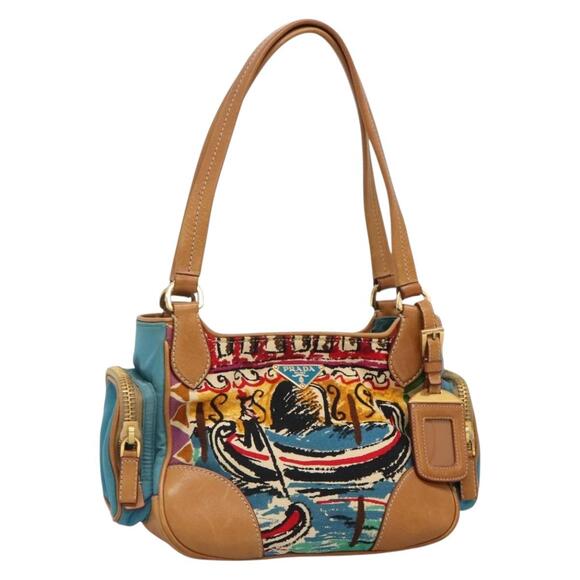 PRADA Hand Bag Canvas Navy Gold - Picture 1 of 13